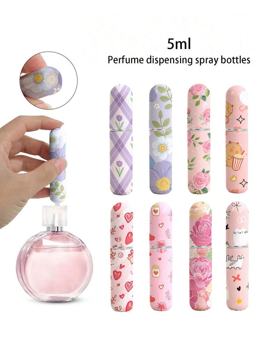 1/4/8件花卉印花香水喷雾瓶，可重复使用的底部填充香水瓶，迷你化妆品瓶，香水，纯露包装工具，多种款式可供选择，送给家人和朋友的生日礼物，节日礼物，适合便携式旅行 5ml