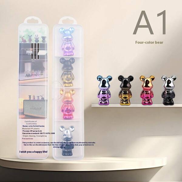 1 Set (4pcs) Cartoon Mini Colorful Figurines - Teddy Bear, Space Rabbit, Car Decor, Cup Lid Decor, Office Decor, Home Decor