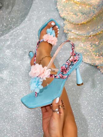 Square Toe Floral High Heel Sandals For Women, Summer 2025 New Elegant Stiletto Thong Slip On Backless Strap High Heel Shoes, Fashionable Versatile For Dresses