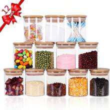 1 pieza/1 set 12 frascos de almacenamiento de alimentos de vidrio con tapa de bambú hermética, recipiente transparente portátil para té, granos de café, azúcar, dulces, galletas, especias, utensilios de cocina