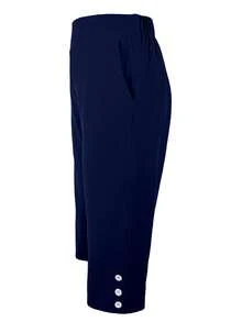 Pantalones casuales de 3/4 de talla grande para mujer, de unicolor, con bolsillos y botones, para verano - Azul Marino - Ver 3