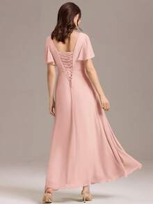Summer Elegant Solid V-Neck Ruched Draped Chiffon Maxi Formal Pink Bridesmaid Dresses Wedding Guest Dress For Wedding - Pink - View 2