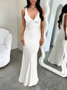 Look Polly Summer Women Dresses,Solid Color Silk Long Skirt Suspender Dress,Wedding Women Dresses Fall Women Clothes, Back To School Clothes,All White Party Outfit Women Off-The-Shoulder Dress Prom Dress,Elegant And Sexy V-Neck Long Dress