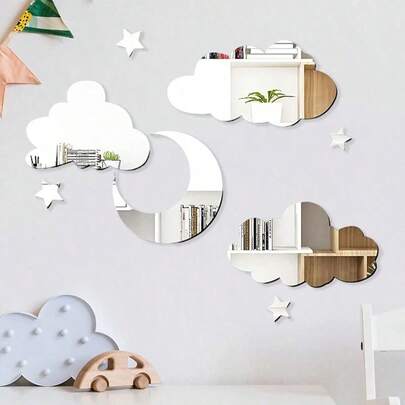 8 miếng dán gương hình đám mây và ngôi sao bằng acrylic 3D - Đồ trang trí phòng trẻ em tự dán cho tường/cửa ra vào | Decal phòng ngủ trẻ em, Phụ kiện phòng ngủ bé gái, Đồ trang trí phòng có thể tháo rời |