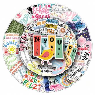 50Pcs Spanish Stickers Motivational Stickers Inspirational Stickers Encouraging Stickers Letter Stickers Cartoon Stickers For Water Bottle, Hydroflask, Guitar, Luggage, Phone, Case, Laptop, Skateboard, Gift, School Supplies,Back To School