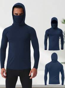 2pcs Men's Outdoor Sports Hooded Face Mask Tight Jumpsuit, Men's Running, Cycling, Fishing, Casual Long Sleeve