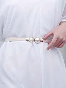 1pc Faux Pearl Pair Buckle Thin Belt Monochrome Elastic Waistband Vintage Versatile Coat Dress Girdle
