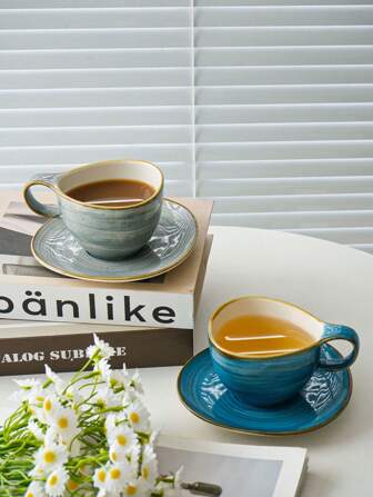 1 套陶瓷拿铁艺术杯带碟，10 盎司不对称复古风格杯子，适用于卡布奇诺、咖啡店、办公室、餐厅和家庭使用