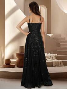 HOMEYEE Fashionable Sexy V-Neck Spaghetti Strap Split Sequin Embellished Bodycon Dress, Suitable For Halloween Party, Formal Evening, Cocktail, Wedding, Gala, Prom