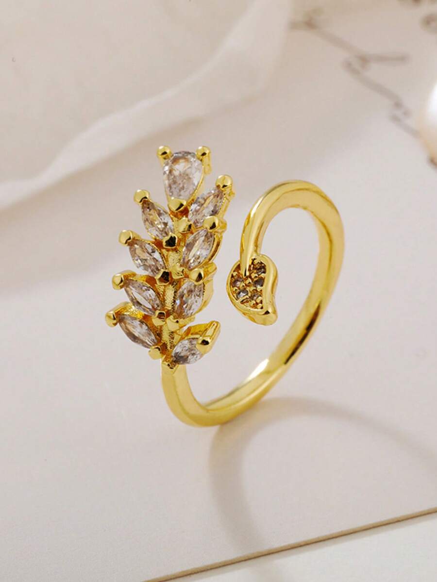 1 件奢华可调节铜方晶锆石麦叶设计戒指，女士礼物