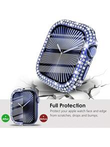 1件装男女通用时尚闪亮水钻装饰防摔二合一超薄钢化玻璃屏幕保护膜表壳,兼容 38/40/41/42/44/45/46mm,适用于 Series SE/1-7,智能手表配件 - 藍色 - 查看 7