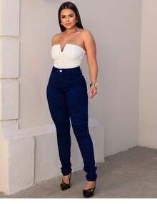 Women's White High Waist Jeans With Lycra Spandex Butt Lifting Premium Comfortable Feminine - Màu xanh đậm - Xem 7