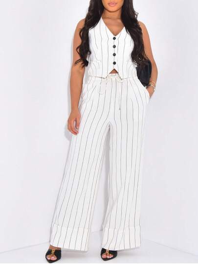 Ladies' Relaxed - Business Style Loose Black And White Vertical Striped Sleeveless Vest Set
