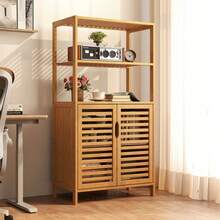 Bamboo Cabinet 5-Tier Bookshelf With Open Shelves And Doors-Natural - Khaki - View 4