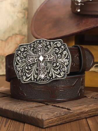 1pc Fashionable Funky Fantasy Bold Heavy Metal Embossed Brown PU Leather Cool Rock Grunge Vintage Gothic Style 2D Square Cross Western Buckle Y2K Men's Belt Young Boy For Parties, Proms, Sparkling Decorations, Outings, Daily Casual Outing Wear Summer, School Casual, Business, Boyfriend Husband Father Dad Men Gift, Daily Wear