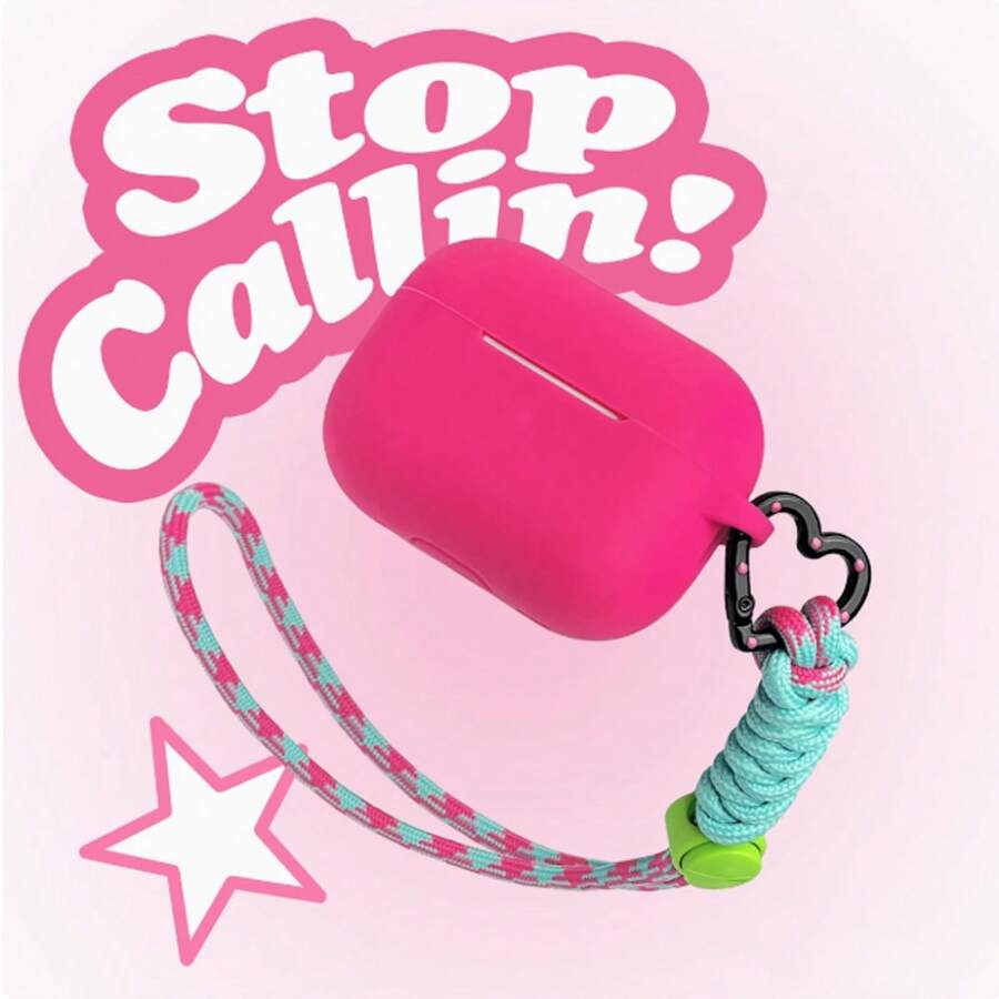 1pc Rose Red Silicone + Love-Shape Carabiner + Lanyard Protective Case, Compatible With Apple 1/2/3, Pro 2nd, Soft Matte Silicone Full Coverage Case With Heart Decor & Lanyard, Anti-Drop - Hot Pink - View 1