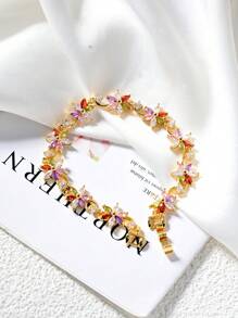 1pc Dopamine Colorful Zirconia Flower Bracelet.18K Gold Plated Multi-Color Zirconia Ladies Decorative Bracelet,Gorgeous And Colorful Fashion Summer Jewelry,Elegant Jewelry Gift.Suitable For Daily,Vacation,Party,Wedding,Gift,Valentine's Day Gift,Birthday Gift.