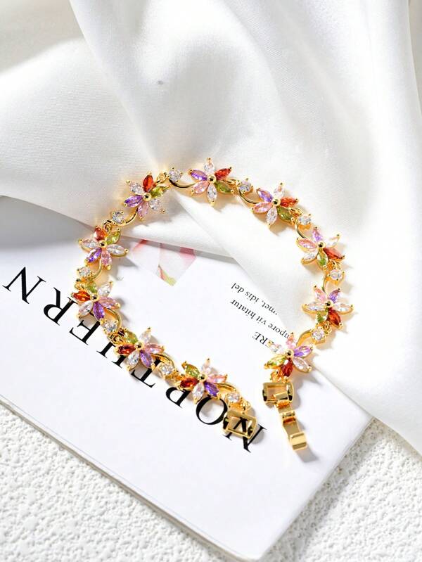 1pc Dopamine Colorful Zirconia Flower Bracelet.18K Gold Plated Multi-Color Zirconia Ladies Decorative Bracelet,Gorgeous And Colorful Fashion Summer Jewelry,Elegant Jewelry Gift.Suitable For Daily,Vacation,Party,Wedding,Gift,Valentine's Day Gift,Birthday Gift.