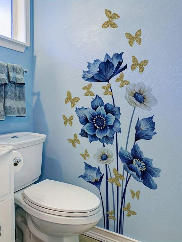 Modern Blue & White Floral Wall Sticker With Gold Butterfly Decals, PVC Self-Adhesive Removable Wall Decals, Suitable For Living Room & Bedroom Room Decor Home Decor Stickers Wall Decor Wall Stickers