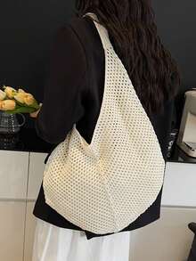 Yogodlns 时尚女士镂空编织单肩包大容量针织腋下包纯色钩针托特包夏季网眼沙滩包休闲大容量棉织包镂空设计单肩包女旅行度假沙滩包 - 米色 - 查看 6