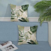 2PCS Medieval Pillowcase Bohemian Sage Green Gold Palm Leaf Cuddle Pillowcase Outdoor Decorative Bohemian Modern Abstract Tropical Leaf Pillowcase Upholstery Cushion Cover Home Sofa With One Side Without Pillow