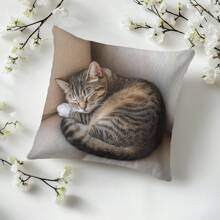 1pc Cute Cat Holding Phone Print Decorative Cushion Cover, Single-Sided, 17.7*17.7 Inches, 180gsm Soft Plush, 100% Polyester, Machine Washable, Zipper Closure, Suitable For Party Decor, Bedroom, Living Room, Sofa, Car Seat (Inner Pillow Not Included)