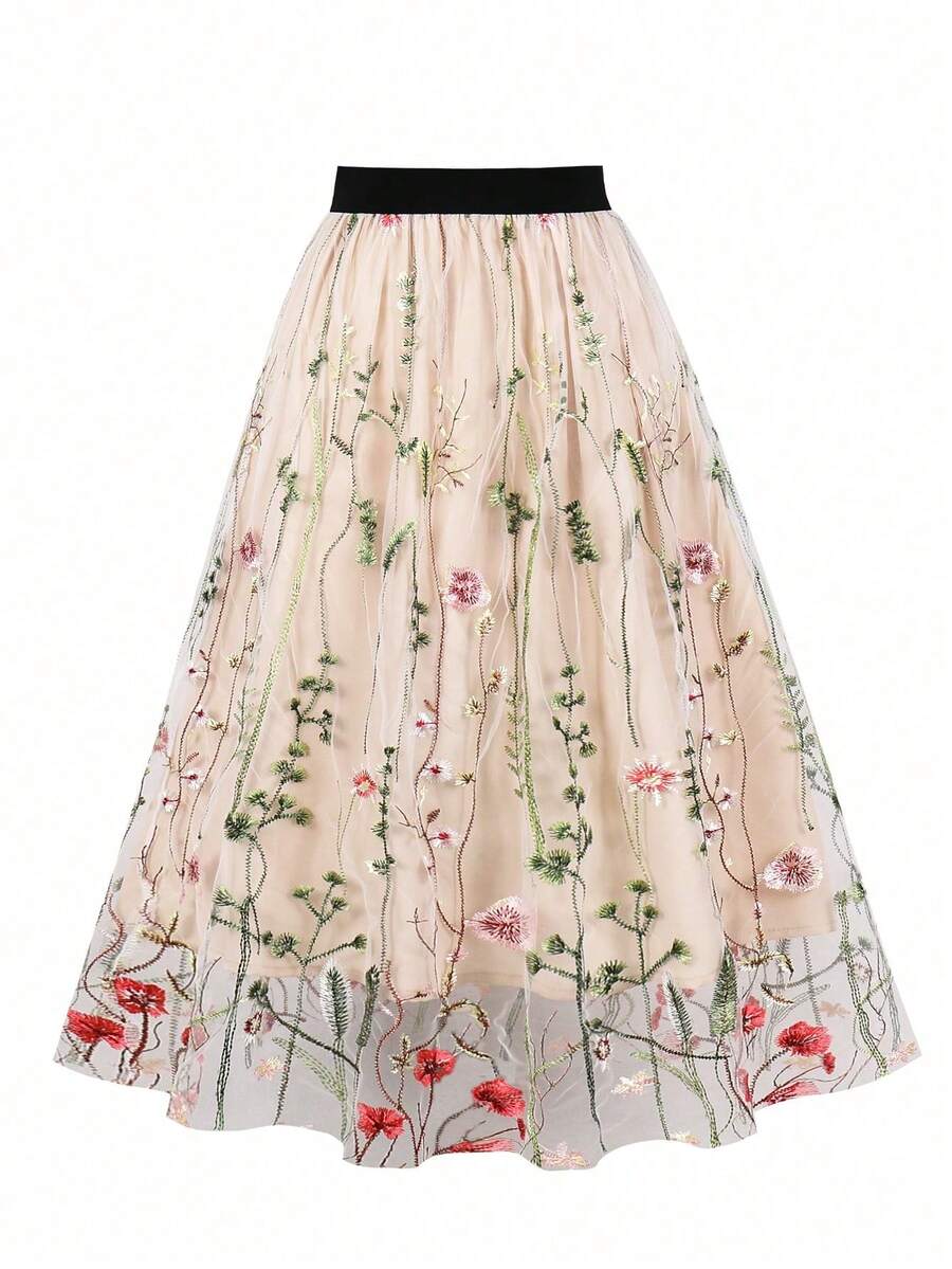 Seaweed Embroidered Mesh Skirt - Màu Khaki - Xem 1