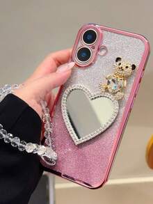 闪亮粉色手机壳带熊镜白色手链手机壳适用于 Apple Galaxy Moto OPPO XiaomiApple 16/15/14/13/12/11Pro/Pro Max/Plus GalaxyS25/S/24/S23/S22/S21/S20Ultra/Plus/时尚高端手机壳 - 粉色 - 查看 1