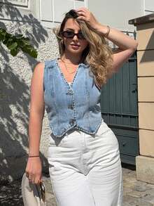 Jeta Ari Women's Summer Single-Breasted V-Neck Casual Denim Vest Jacket - Blue - View 7