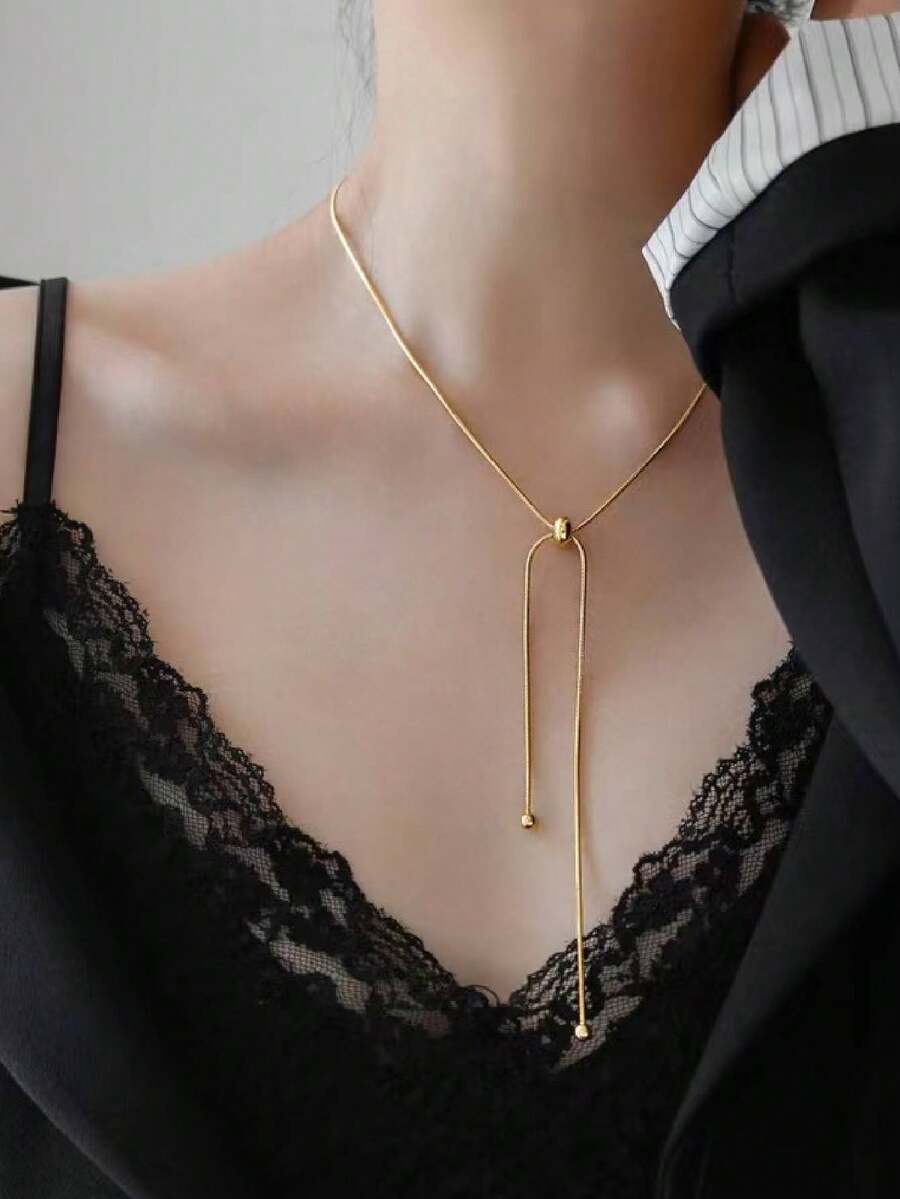 1pc Stainless Steel Retro Chic Metal Ball Pendant Chain Necklace, Minimalist Design - Yellow Gold - View 1
