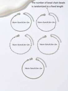 Conjunto de 5 pulseiras femininas de prata elegantes e empilháveis, joias minimalistas (quantidade de contas aleatória, comprimento fixo)