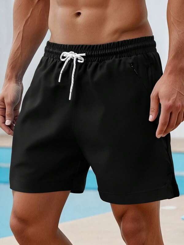 Men's Black Simple Summer Shorts With Anti-Theft Zipper