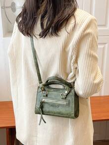 New Fashion Women's Handbag, Mixed Fabric With Rivet Decor, Large Capacity Square Bag, Stylish & Versatile, Retro Chic Tote Bag With Detachable & Adjustable Shoulder Strap - Green - View 8