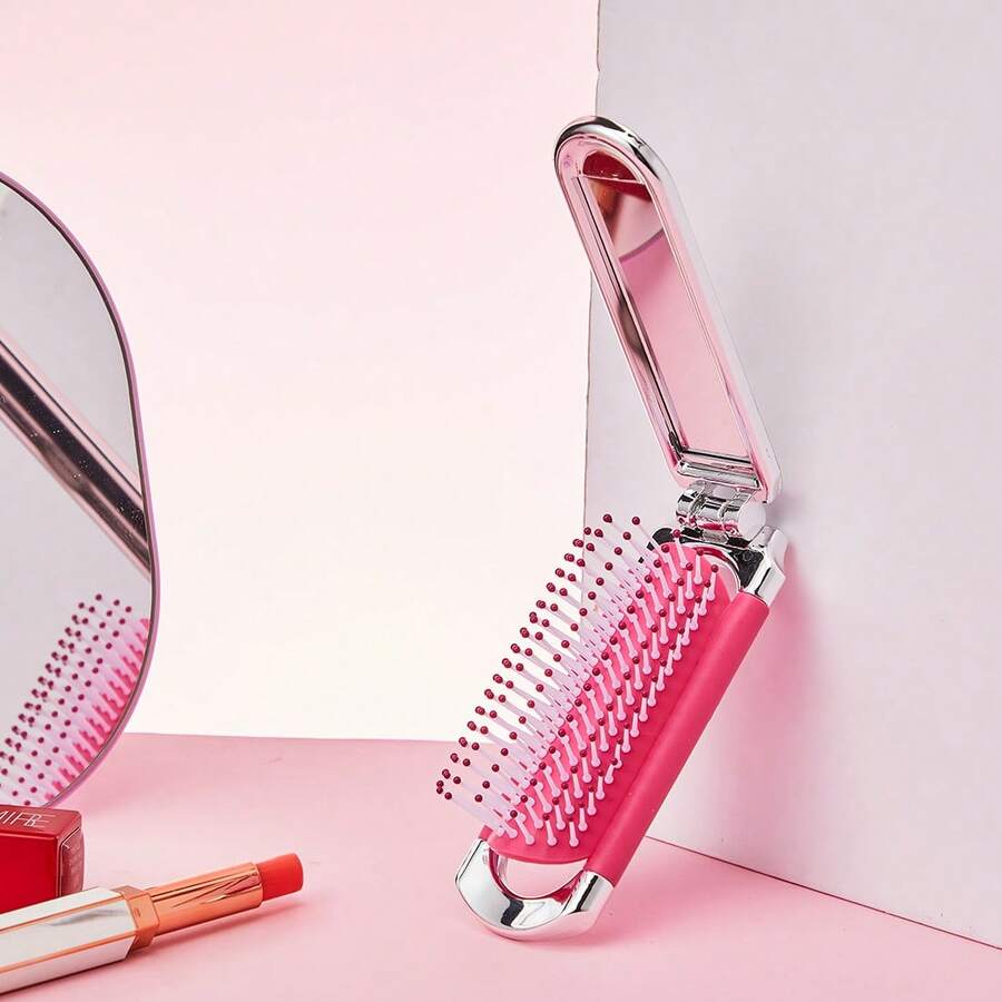Miniso Barbie Series Foldable Mirror Comb Portable Mini Scalp Massage Hairbrush With Retractable Mirror For Pocket Outdoor Travel Use Airbag Comb Hairdressing Styling Tools - Silver - View 1