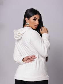COLD COAT FUR SWEATSHIRT WITH HOOD AND POCKET Simple Casual Tweed Pocket Beach WINTER - Cream - View 1