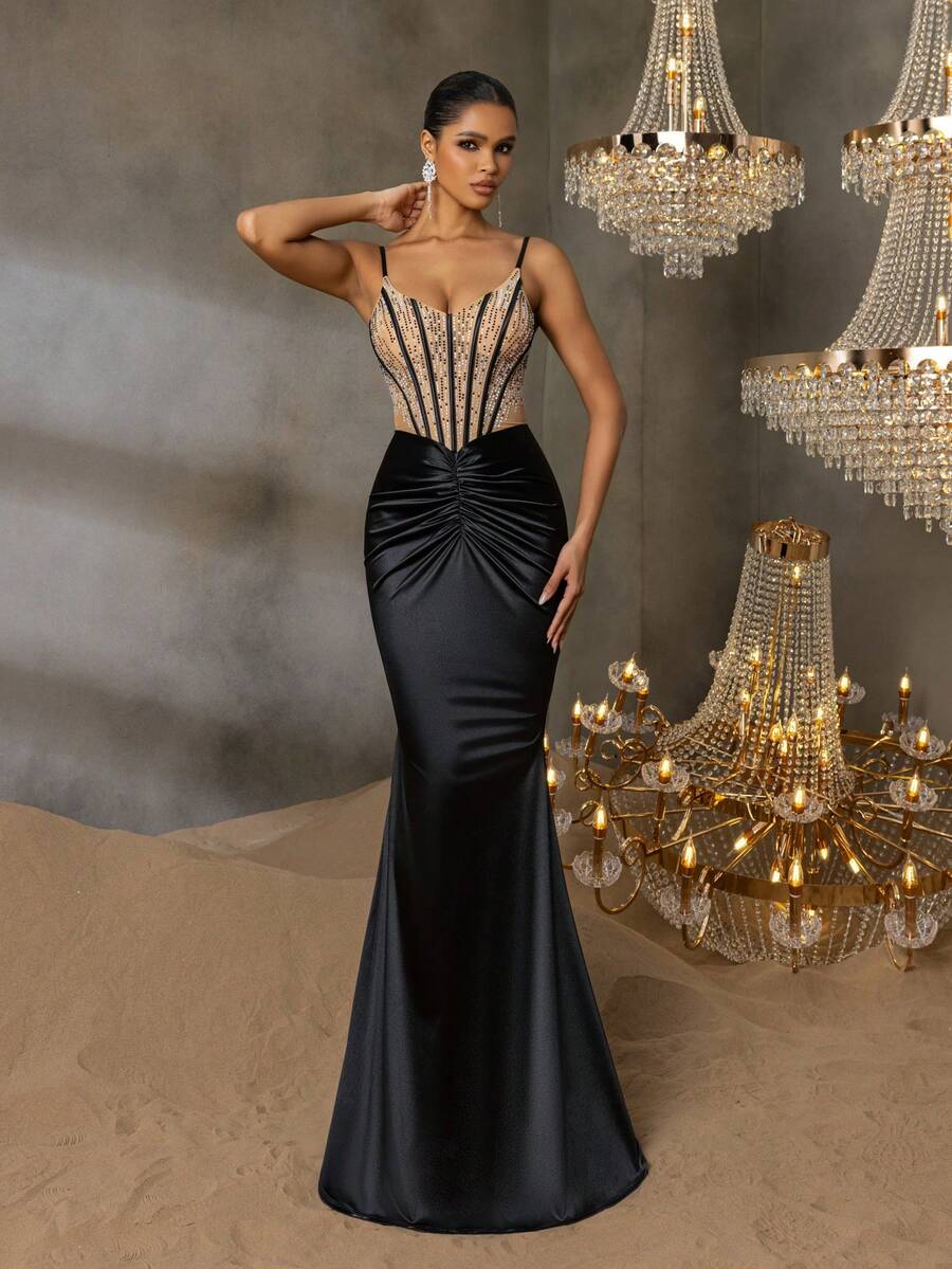 Faeriesty 女士优雅珠饰美人鱼晚礼服，吊带紧身胸衣搭配立体束腰设计，鱼尾裙摆，适合盛大晚宴、婚礼宴会、舞会、正式颁奖典礼、夏季假日装扮以及春季黑色派对。 - 黑色 - 查看 1