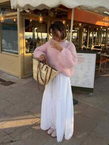 Women's Casual Loose Solid Color Lantern Sleeve Design Sweater, Suitable For Home, Daily, Travel, Autumn/Winter