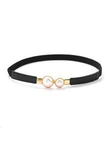 1pc Faux Pearl Pair Buckle Thin Belt Monochrome Elastic Waistband Vintage Versatile Coat Dress Girdle