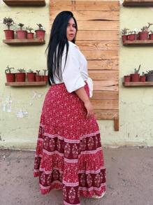 Truni Plus Size Holiday And Leisure Printed Splicing Long Skirt For New Year Clothes Maxi Women Outfit
