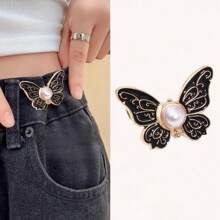 1 pieza Hebilla de cintura de mariposa de perla, desmontable, sin clavos, sin costuras, ajustable para el tamaño de la cintura de los pantalones vaqueros, hebilla de cintura