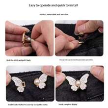 1 pieza Hebilla de cintura de mariposa de perla, desmontable, sin clavos, sin costuras, ajustable para el tamaño de la cintura de los pantalones vaqueros, hebilla de cintura