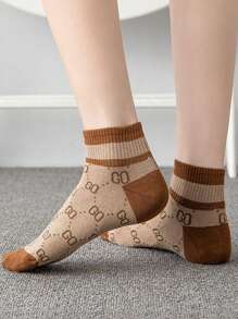 5 Pairs Women Short Socks With Striped Letter Pattern, Multi-Color, Simple, Contrasting Color, Sporty, Fashion, Versatile, Spring/Summer