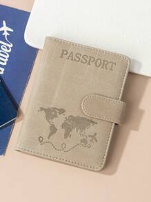 1 pieza Funda para pasaporte con acabado mate de material de PU, con mapa mundial e impresión de letras y diseño fijo, estuche/cartera/bolsa para pasaporte, artículo de viaje esencial para vacaciones, vuelos, regreso a la escuela, hombre y mujer