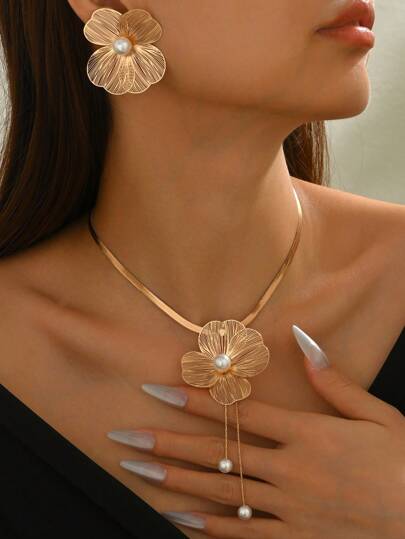 3pcs/Set Fashionable Pearl Flower Elegant Versatile Daily Wear Long Tassel Earrings And Necklace Set, Summer