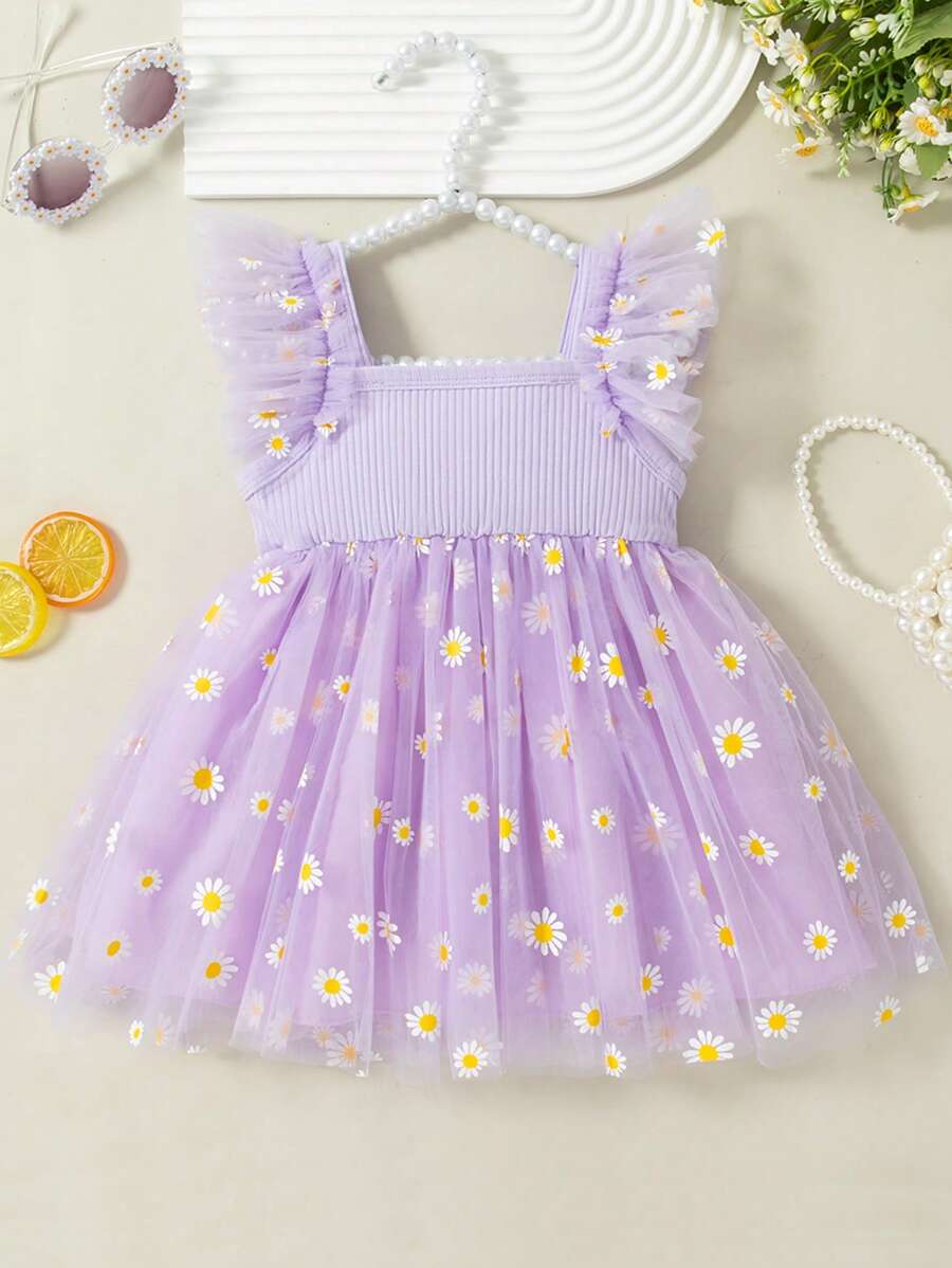 Nouvelle robe d'été pour bébé fille sans manches, en patchwork floral avec tulle, jupe bouffante mignonne