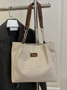女士托特包，宽敞的度假草编单肩包，配有可调节双肩带和链条手柄，适合购物、工作、旅行和户外使用
