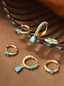 6 件套时尚独特设计高端绿松石镶嵌耳环套装，女士珠宝礼物 - 金黃色 - 查看 6