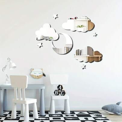 8 miếng dán gương hình đám mây và ngôi sao bằng acrylic 3D - Đồ trang trí phòng trẻ em tự dán cho tường/cửa ra vào | Decal phòng ngủ trẻ em, Phụ kiện phòng ngủ bé gái, Đồ trang trí phòng có thể tháo rời |