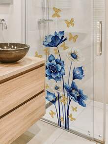 现代蓝白花卉墙贴，带金色蝴蝶贴花，PVC 自粘式可移除墙贴，适用于客厅和卧室房间装饰家居装饰贴纸墙面装饰墙贴