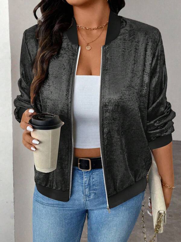KeKe Wanli Women's Lightweight Casual Metallic Foil Zip-Up Baseball Jacket, Shiny Black Gold Foil, Plus Size, Fashion Cardigan